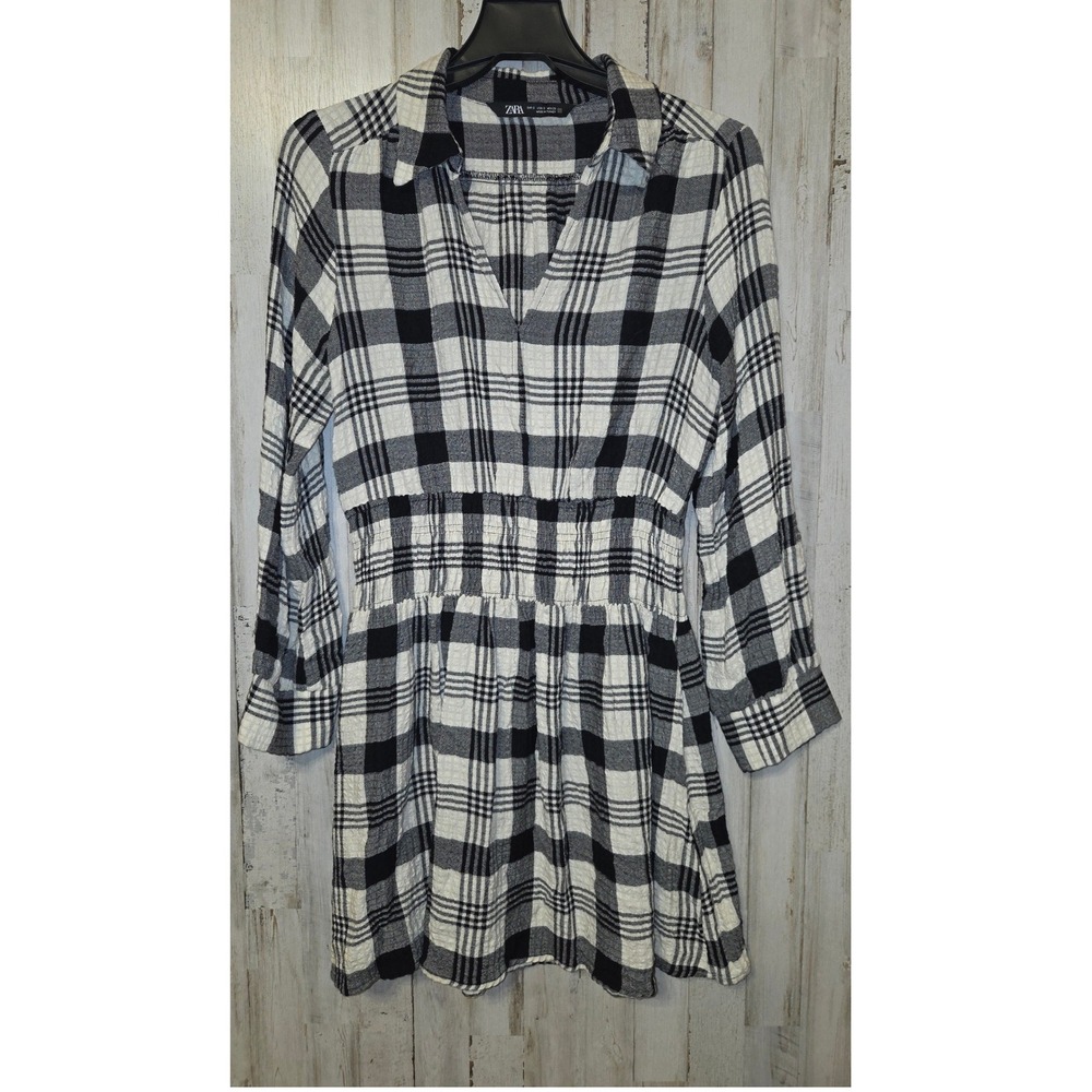 Zara size S Buffalo Plaid Flare Dress Long sleeve Mini Smocked waist Babydoll